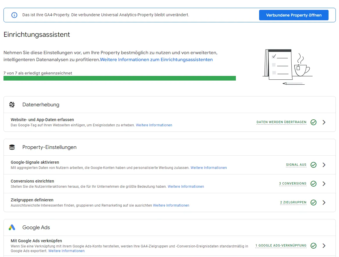 Ausschnitt des Einrichtungsassisten für die Google Analytics 4 Property