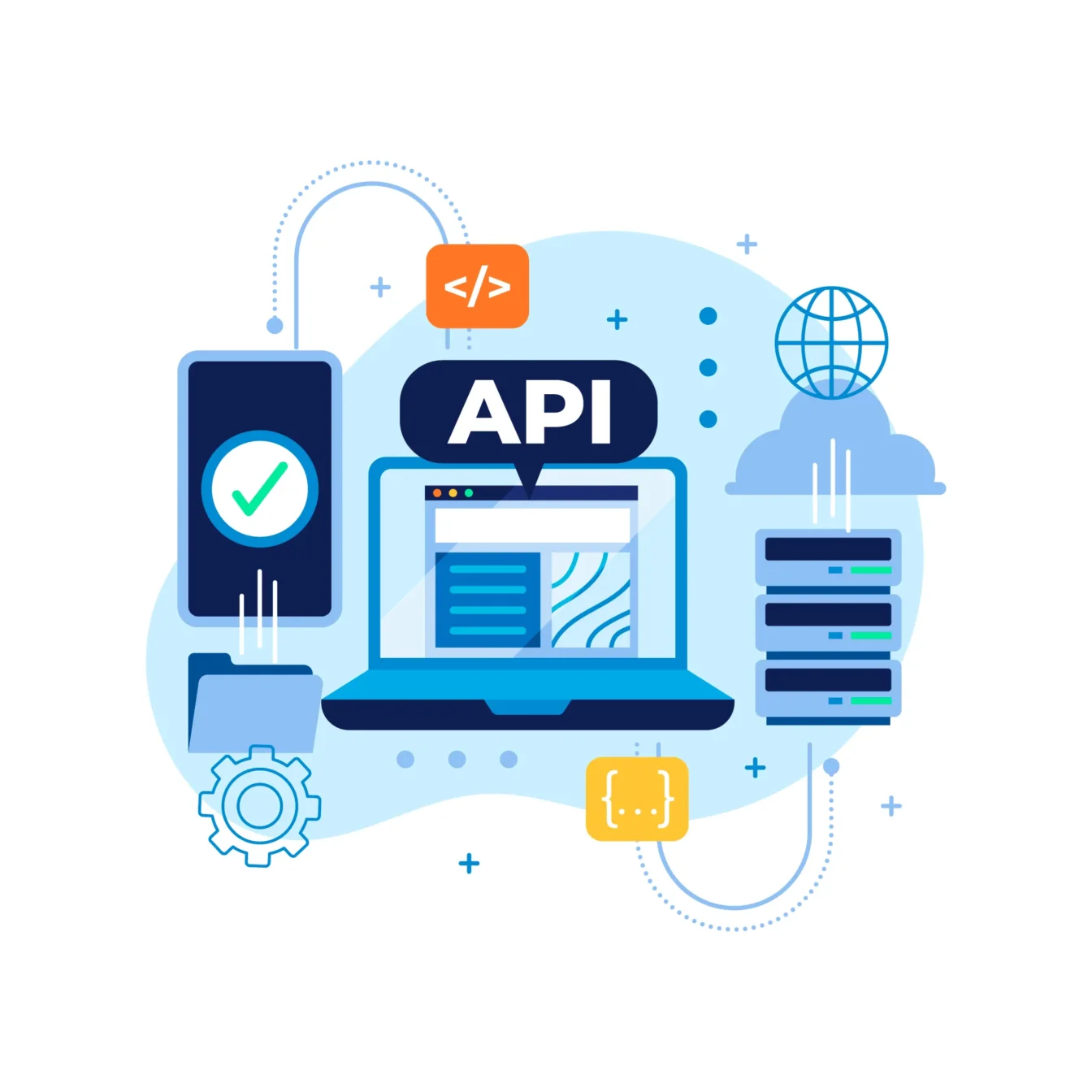 API, Schnittstelle, API Entwicklung, Softwareentwicklung mit API, Saticon GmbH Es werden Mobile Endgeräte dargestellt die mithilfe einer API Schnittstelle mit einem Server Daten austauschen
